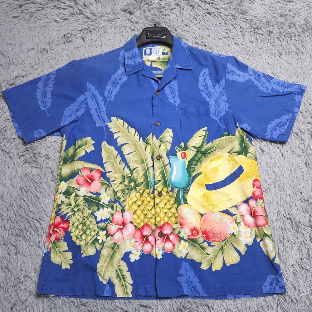 Vintage RJC LTD Hawaiian Shirt Mens Large Blue Tropical Print Aloha‎ Button USA